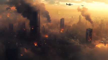 Fototapeta premium Apocalyptic Cityscape Shrouded in Thick Smoke and Drones Amid Missiles