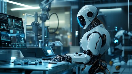 Fototapeta premium A white humanoid robot with a glass visor on its head is working at a computer in a lab setting.