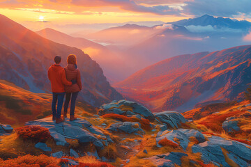 Fototapeta premium Couple standing on rocky terrain overlooking a breathtaking sunset-lit valley sharing a romantic moment together