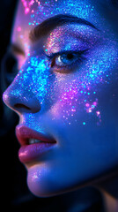neon gradient light blue, turquoise and purple art of UV light glitter on fairy face on black background