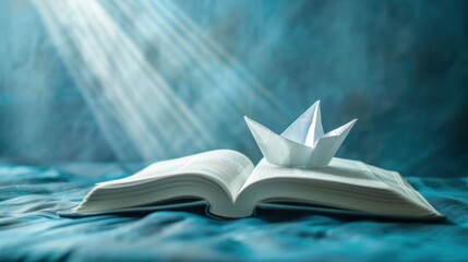 White paper boat riding the waves of an open book, highlighted by a ray of light on a blue backdrop