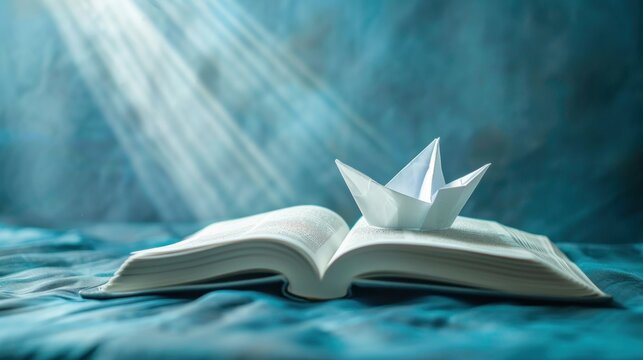 White paper boat riding the waves of an open book, highlighted by a ray of light on a blue backdrop