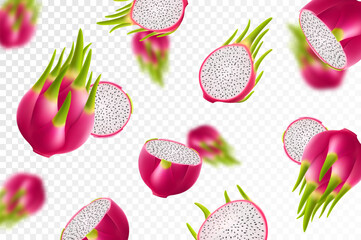 Flying ripe dragon fruit. Bright background falling juicy fruit pitahaya, realistic illustration with blurred effect. 3d vector design for advertising banners and web page design