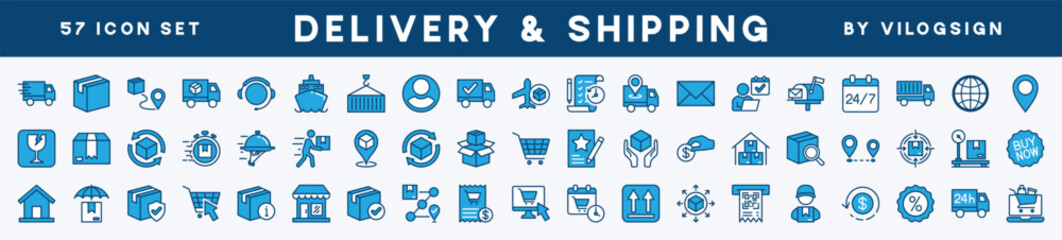 Set of delivery icon. Shipping or shipment. Containing cargo, package, tracking, box, service, order, container, courier, transportation, logistic, warehouse, truck, fragile, ship, postal, online
