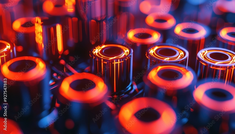 Poster a close-up view of metallic components illuminated with vibrant red and blue lights, showcasing intr