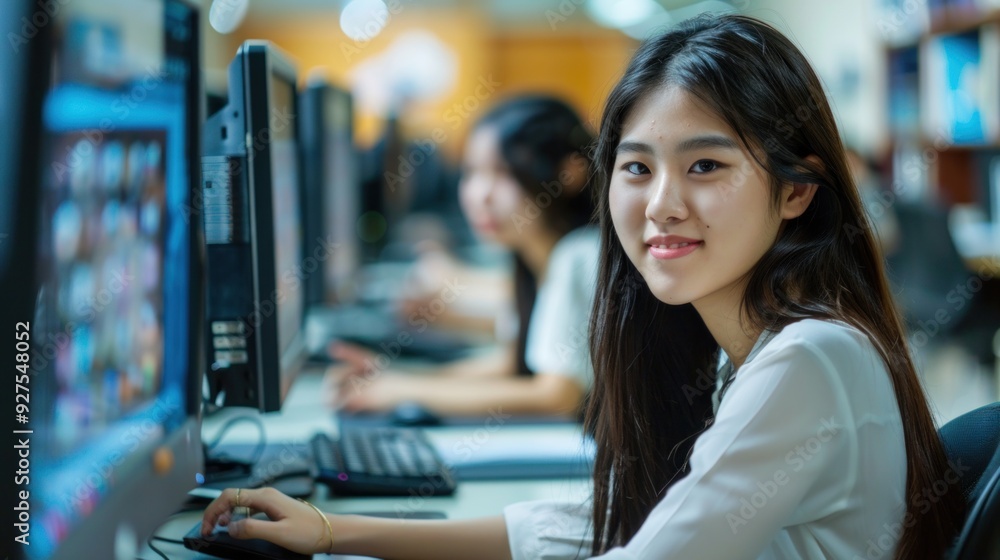 Poster an asian college student working on a project in the computer lab