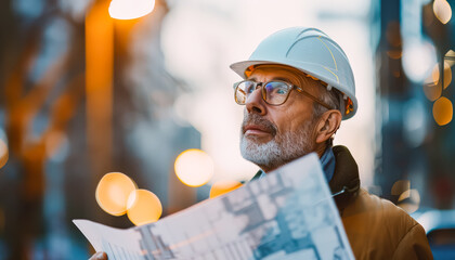 A man wearing a hard hat and safety glasses is looking at a blueprint. Concept of focus and determination as the man studies the plans