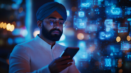Portrait of Indian Man Using Smartphone in Metaverse With Animated Stream Of Interfaces With Social Media, e-Commerce Shopping, Internet Influencers And Games. Visualization Of Web Network.