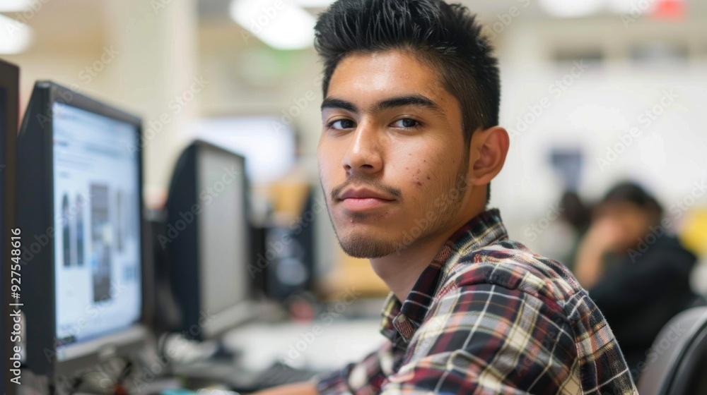 Poster a latino college student working on a project in the computer lab