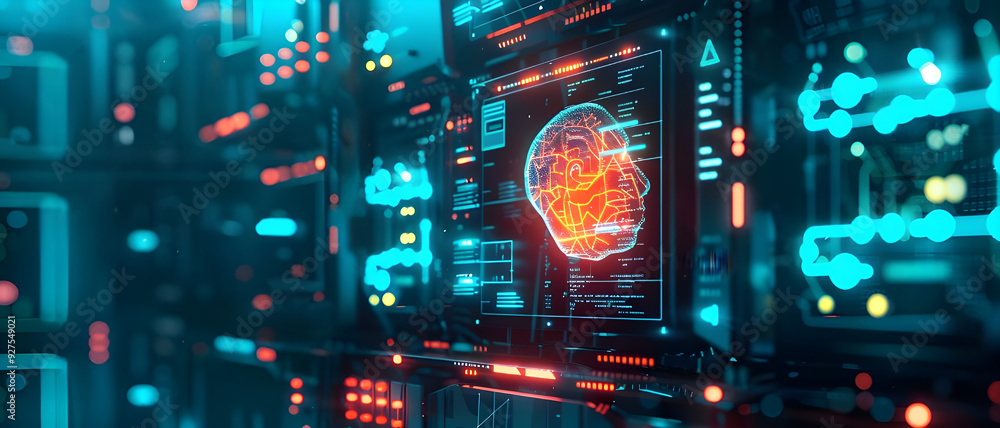 Leinwandbilder A digital visualization of an AI neural network displayed on a futuristic interface, with glowing data points and advanced analytics.