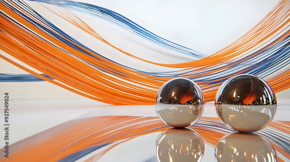 Poster vibrant dynamic fluid motion with shiny metallic orbs in abstract composition
