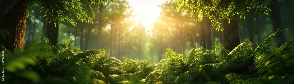 Poster a serene forest scene with sunlight filtering through trees, illuminating lush ferns and creating a 
