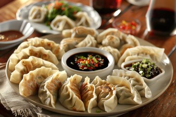 Exquisite Chinese Dumplings Platter with Soy Dipping Sauce - Perfect Harmony of Flavors and Textures for Restaurant Promotion