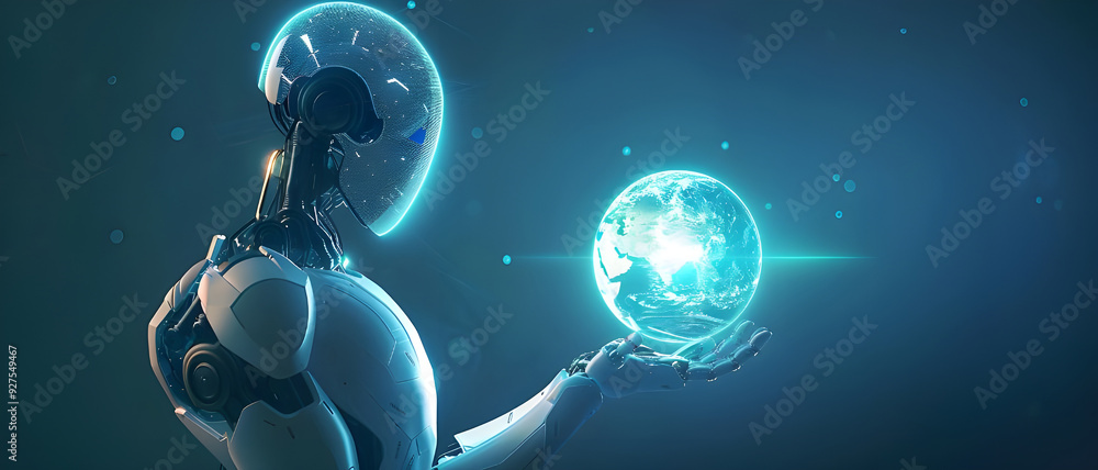 Poster a futuristic robot holding a glowing digital earth in its hand, symbolizing ai's role in global tech