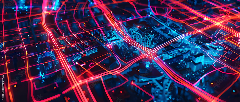 Poster a futuristic city map illuminated by glowing neon lights, depicting a high-tech urban network with v