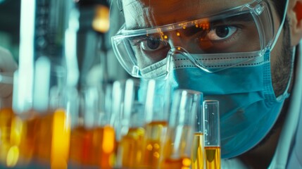 A scientist examining vibrant test tubes in a laboratory. The image shows intense focus and curiosity. The style is modern and professional, perfect for scientific articles or educational material. AI