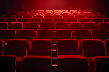 Obraz premium Red cinema or theater seats in dark room. Background with rows of chairs for audience, movie and theatre concept.
