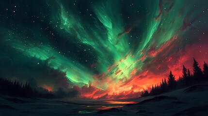 A breathtaking night sky with vibrant green and red auroras illuminating the snowy landscape and a forest silhouette.