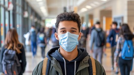 A college student wearing a mask in a crowded hallway