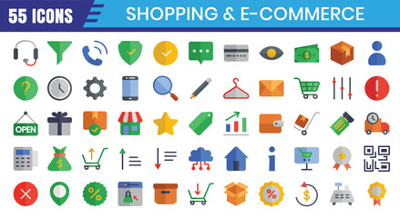 E-Commerce icons set. Online shopping flat icon collection. Editable stroke. Vector illustration