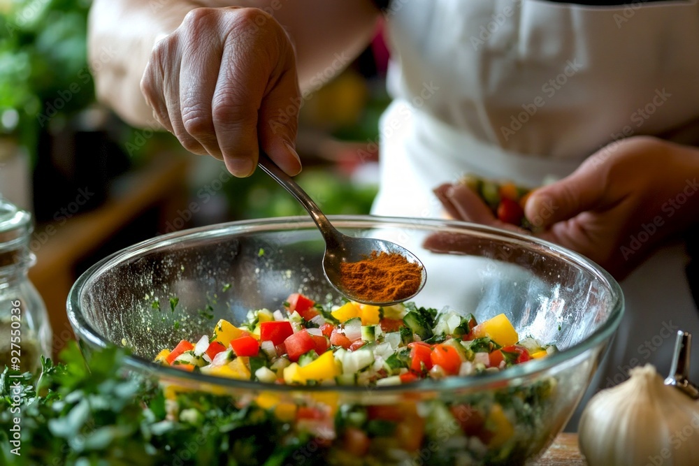 Poster A person prepares a colorful salad in a spacious kitchen. Fresh vegetables glisten under warm light. This vibrant scene captures the joy of cooking and healthy eating. AI