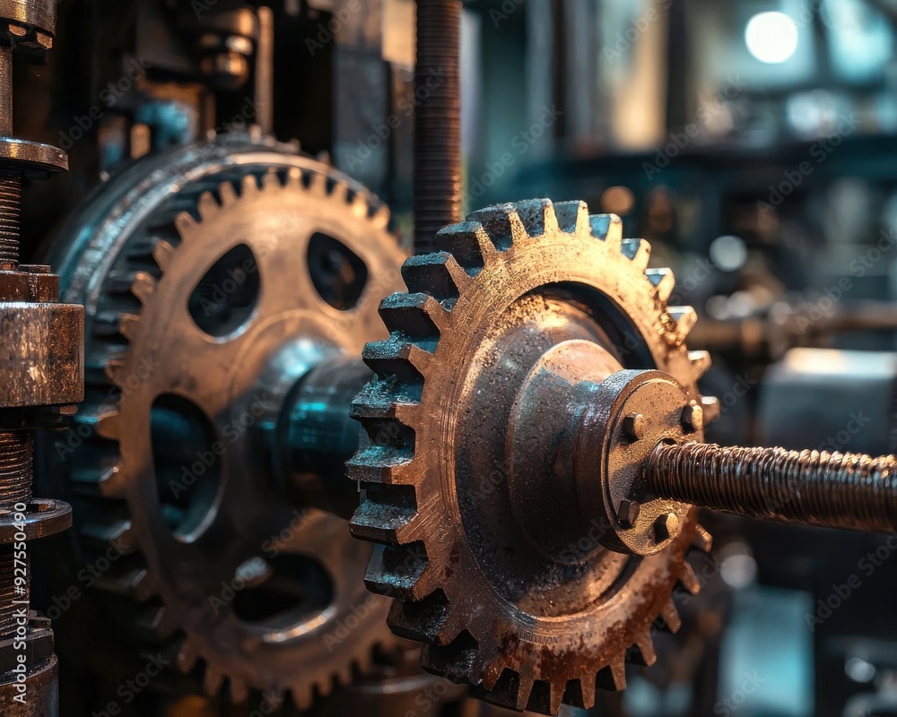 Poster close-up of intricate metallic gears in a machine, showcasing their design and function in industria