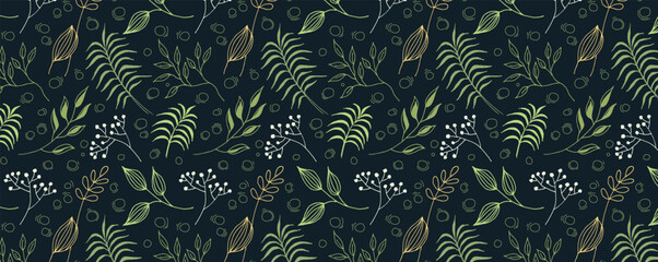 Pattern of Leaves, twigs and berries on a dark background. Vector organic background. Delicate plant seamless wallpaper. For fabric, textile, wrapping paper, bed linen.