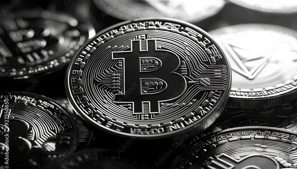 Poster close-up view of cryptocurrency coins, showcasing the intricate design and texture of bitcoin agains