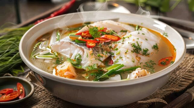 Traditional Vietnamese Canh Chua - Fish and Vegetable Soup with Tangy Broth | Authentic Vietnamese Cuisine Advertisement Concept