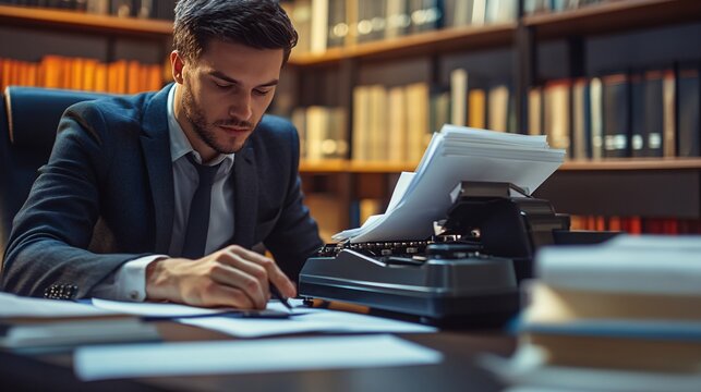 A professional court reporter typing on a stenotype machine with focused expression, surrounded by legal documents