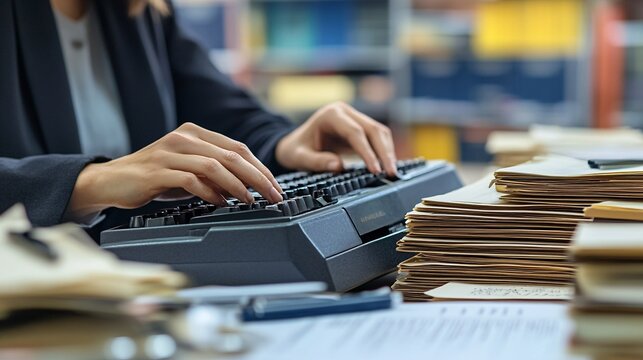 A professional court reporter typing on a stenotype machine with focused expression, surrounded by legal documents