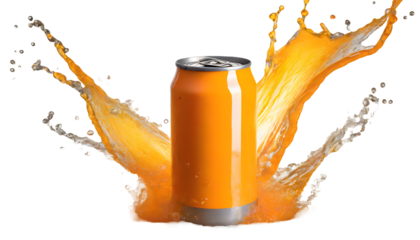 Can of orange drink Splash on a white isolated background. Generative AI.