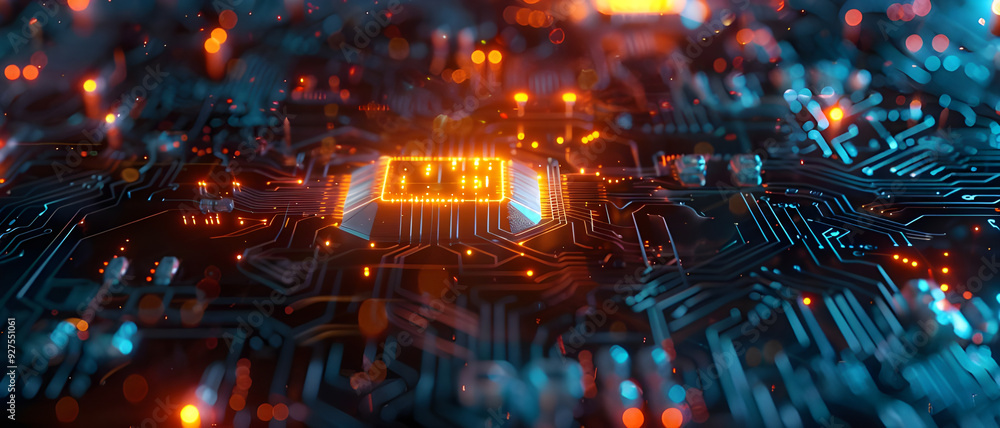 Poster Close-up of a glowing microchip embedded on an electronic circuit board, highlighting advanced technology, digital innovation, and computing power.