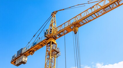 A crane operator skillfully maneuvering a large construction crane at a building site, with a clear blue sky in the background