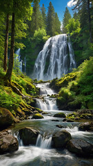 Fototapeta premium background view of a waterfall in the middle of a beautiful forest