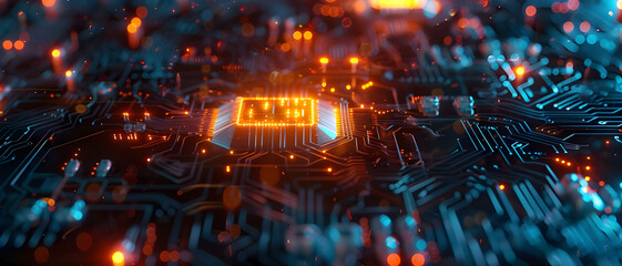 Close-up of a glowing microchip embedded on an electronic circuit board, highlighting advanced technology, digital innovation, and computing power.