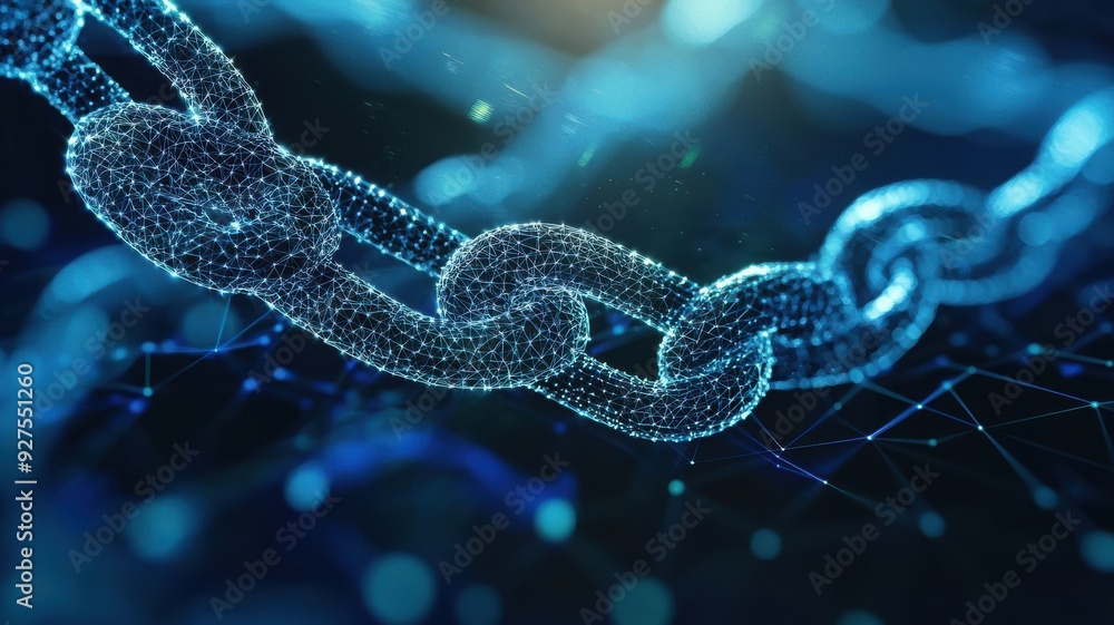 Poster futuristic digital chain representation with glowing particles, symbolizing security and connectivit