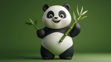 Fototapeta premium Cheerful 3D Cartoon Panda Holding Bamboo Shoot with Crisp Outlines and High