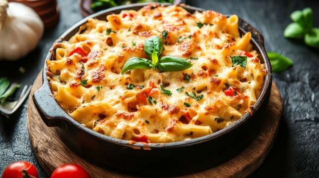 Pasta bake with BBQ chicken, cheese, veggies
