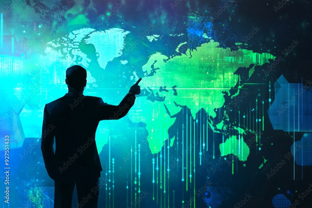 Poster a silhouette of a man points towards a futuristic world map. the image combines technology with data