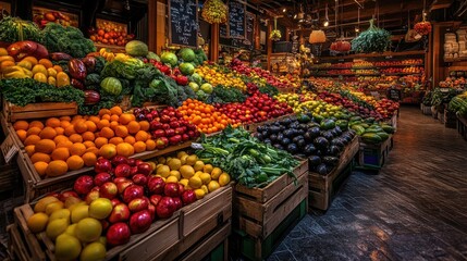 Obraz premium A vibrant indoor market hall filled with neatly organized fresh produce, displaying an extensive array of fruits and vegetables in perfect order.