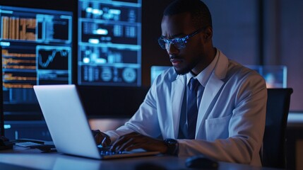 A focused criminologist analyzing crime statistics on a laptop in a modern office space