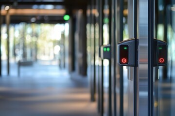 Modern entrance with glass doors and digital access control system, featuring green and red indicator lights for security.