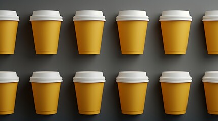 A row of ten yellow paper coffee cups with white lids on a grey background.