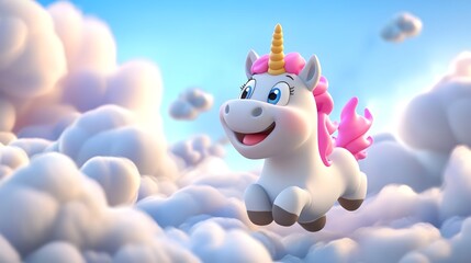 Cheerful 3D Clay Cartoon Unicorn Prancing on Clouds in Vibrant Fantasy Landscape