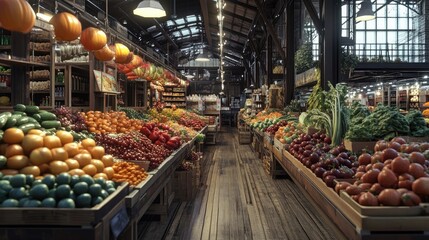 Fototapeta premium A well-lit indoor market hall, where a diverse array of fresh fruits and vegetables are neatly organized, offering a feast for the eyes.