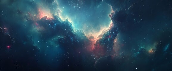 A cosmic landscape featuring a vibrant nebula with swirling clouds of gas and dust, emitting a mesmerizing display of red, blue, and green hues.