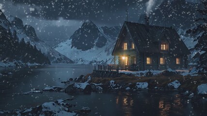 A cozy cabin with warm lights sits on a snowy lake surrounded by mountains, under a dark sky with snowfall.