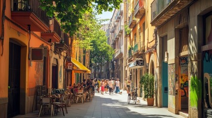 Fototapeta premium Vibrant Street Life in Barcelona: A Colorful Capture