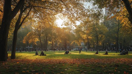 Naklejka premium Autumn Colors and City Life: A Bustling Park in Fall